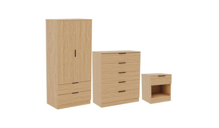 Vida Designs Trega Bedroom Set (Bedside, 5 Drawer Chest, 2x2 Wardrobe) - Pine
