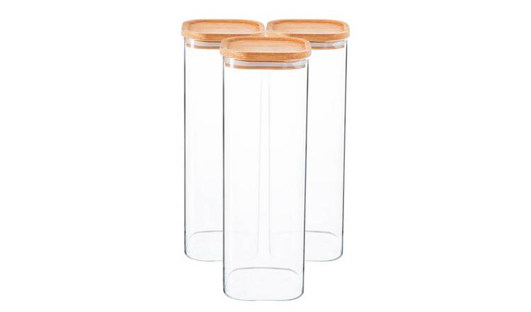 Argon Tableware Square Glass Storage Jars with Wooden Lids - Pack of 3 - 2200ml