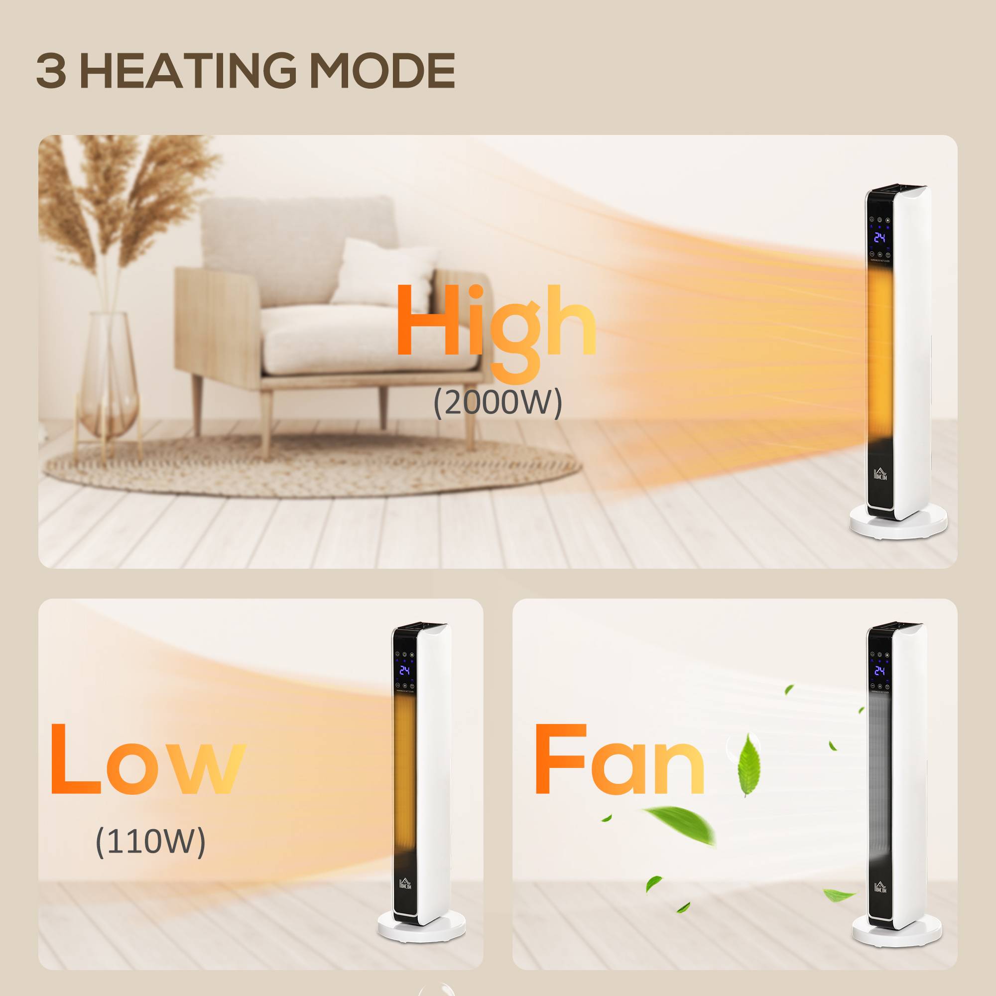 HOMCOM Electric Space Heater with Oscillation and Timer - White - Image 5