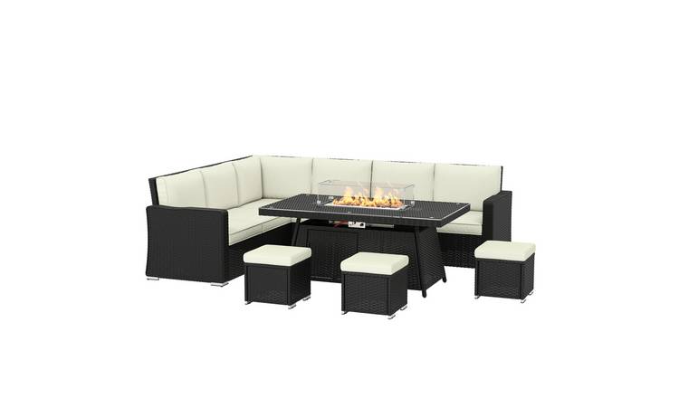Outsunny 9 Seater Rattan Garden Furniture with Fire Pit Table - Cream