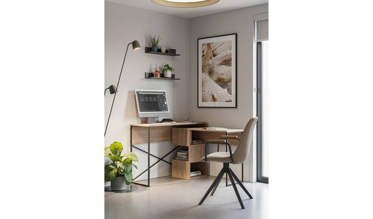Decortie Badau Metal Frame Particleboard L-Shaped Corner Desk - Natural Wood