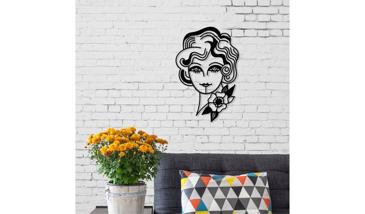 Decortie Metal Wall Art Woman In Flowers Metal Hanging Decoration - Black