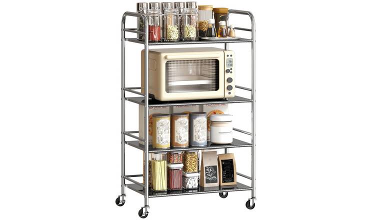 HOMCOM 4 Tier Stainless Steel Kitchen Trolley with Adjustable Shelves - Silver