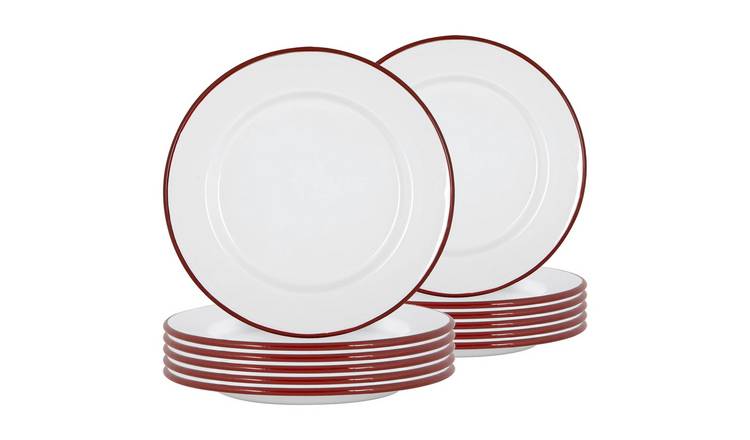 Argon Tableware White Enamel Dinner Plates - Red - Pack of 12