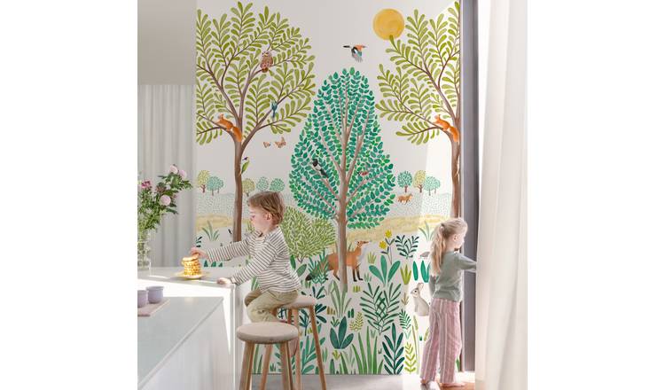 Grandeco Grena Trees3 Lane Repeatable Wallpaper Kids Nursery Mural  - Green