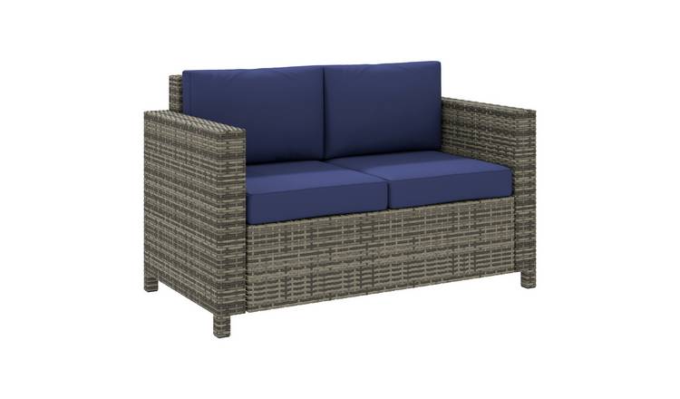 Outsunny 2 Seater Rattan Sofa with Soft Padded Cushion - Navy Blue