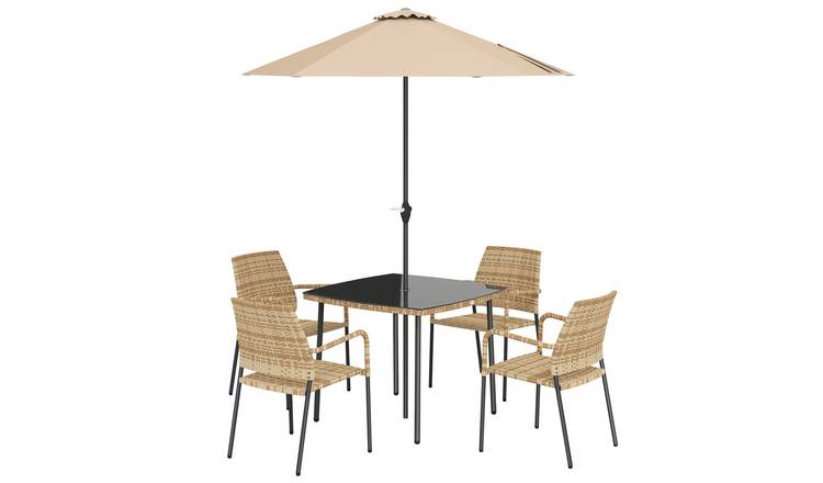 Outsunny 4 Seater Rattan Dining Set with Parasol - Brown