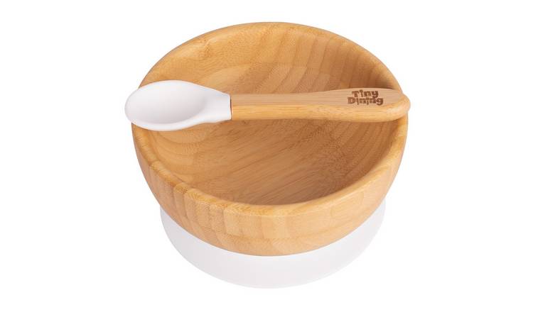Tiny Dining Children's Bamboo Suction Bowl& Spoon Set - White