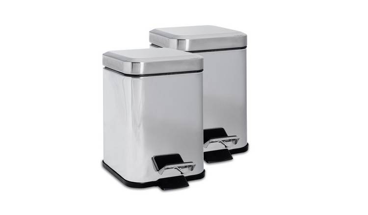 Harbour Housewares Square Bathroom Pedal Bins - 3 Litre - Chrome - 2x - 16cm