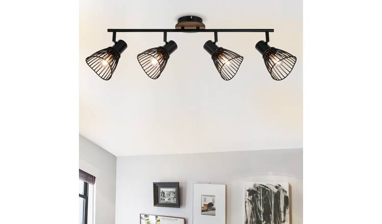 Cosylyte Hadley 4 Light Matt Black Wire Shade Spotlight with Wooden Backplate