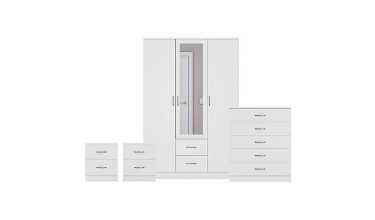 Vida Designs Riano Bedroom Set (Bedsides, 5 Drawer Chest, Mirror Wardrobe)-White