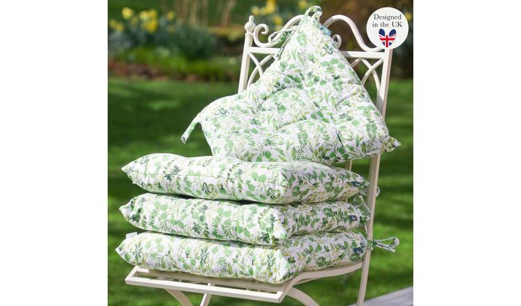 Dibor Set of 4 Leaf Print Outdoor Garden Chair Cushion Seat Pads - Green