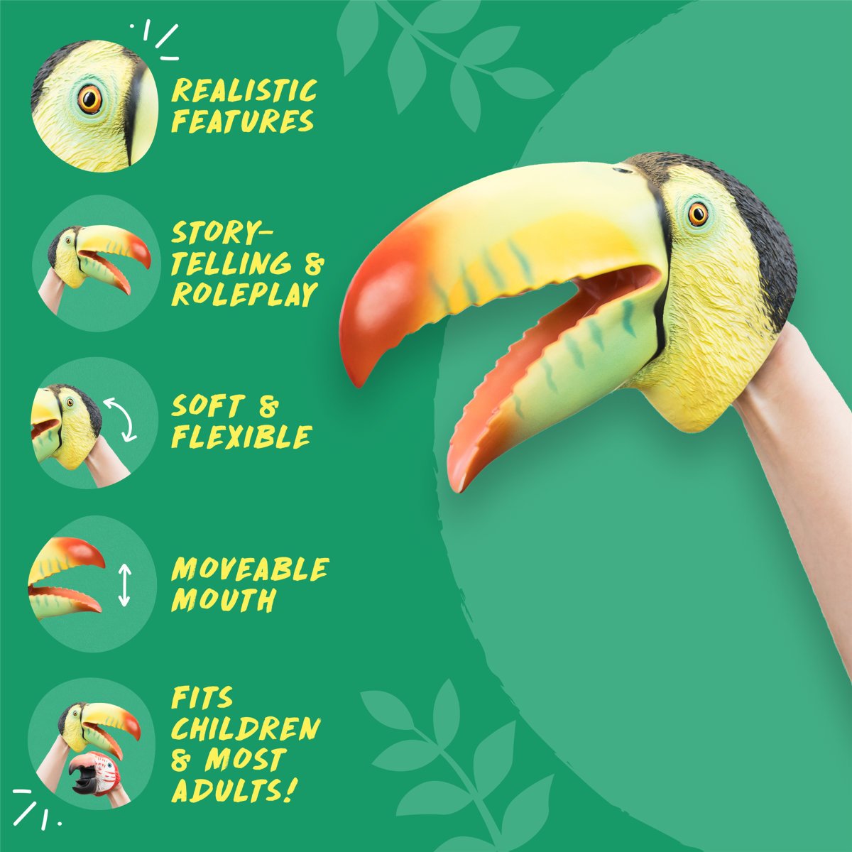 Wild Thingz Hand Puppet Soft Childrens Role Play Toy - Green Toucan - Image 2