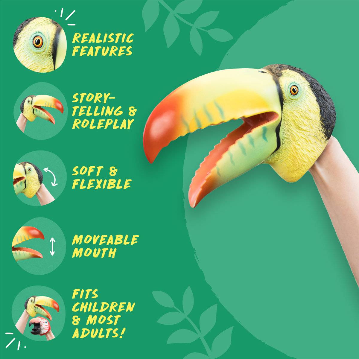 Wild Thingz Hand Puppet Soft Childrens Role Play Toy - Green Toucan - Image 2
