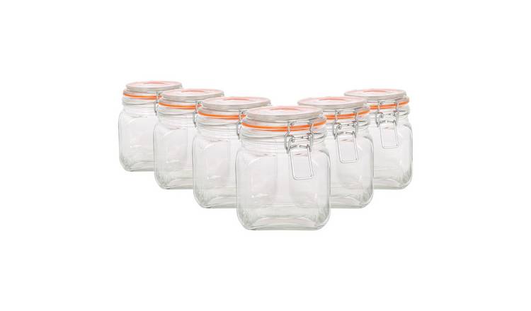 Argon Tableware Square Glass Jars with Clip-Top Lids - Pack of 6