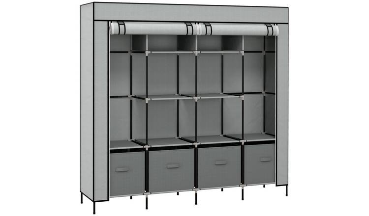HOMCOM Fabric Wardrobe with 10 Compartments 2 Rails and 4 Drawers - Dark Grey