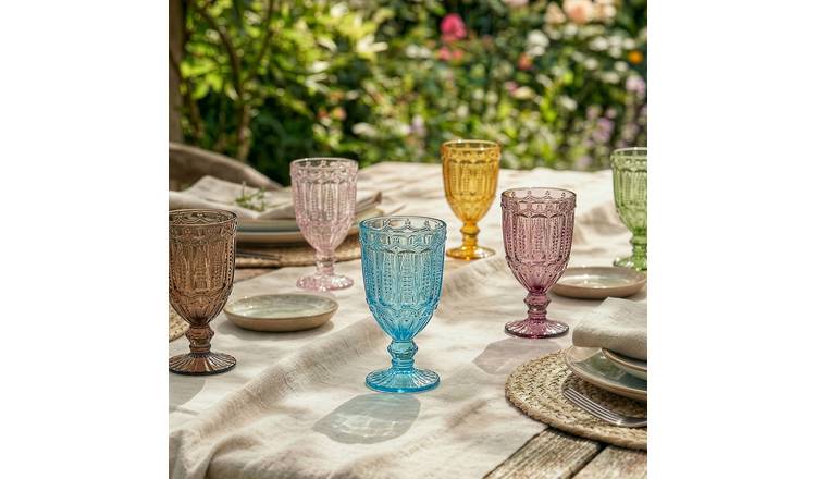 Set Of 6 Colourful Embossed Drinking Glass Spring Summer Wine Goblets 270ml