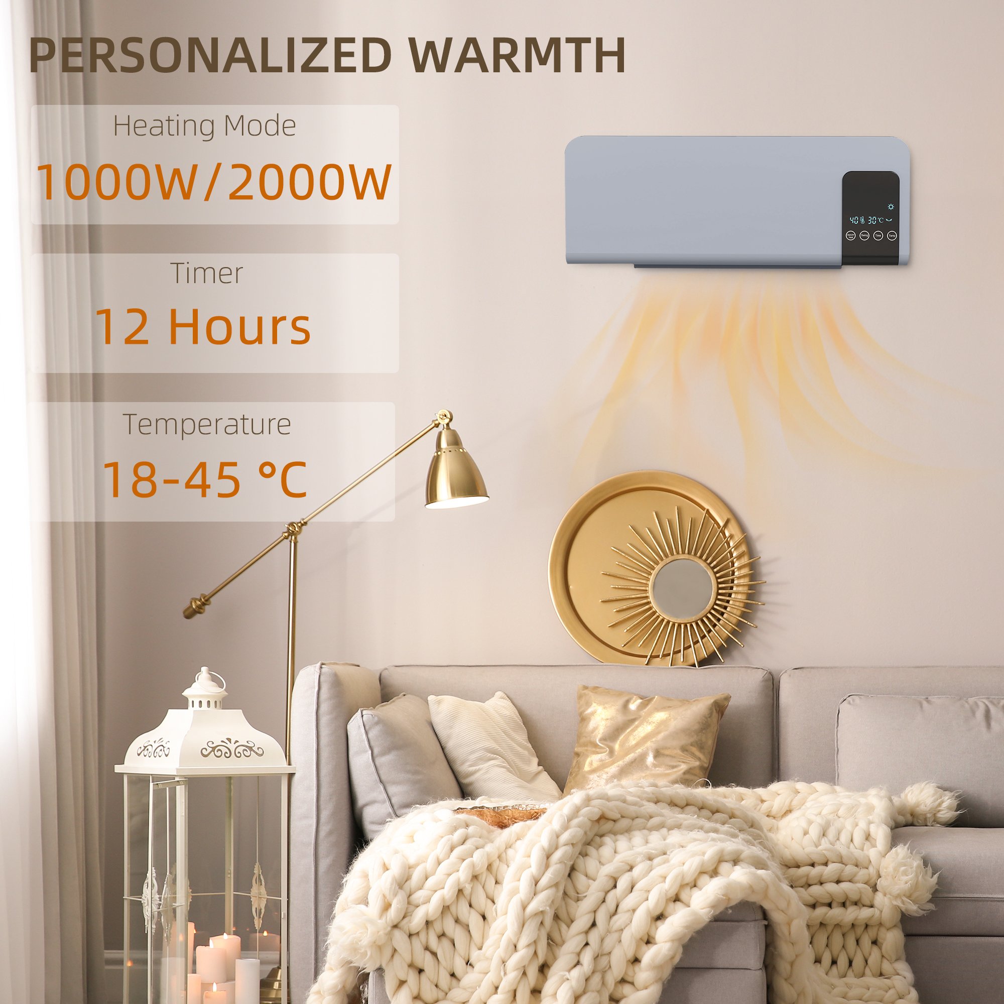 HOMCOM Wall Mounted Ceramic Space Heater with Remote Control - Grey - Image 3