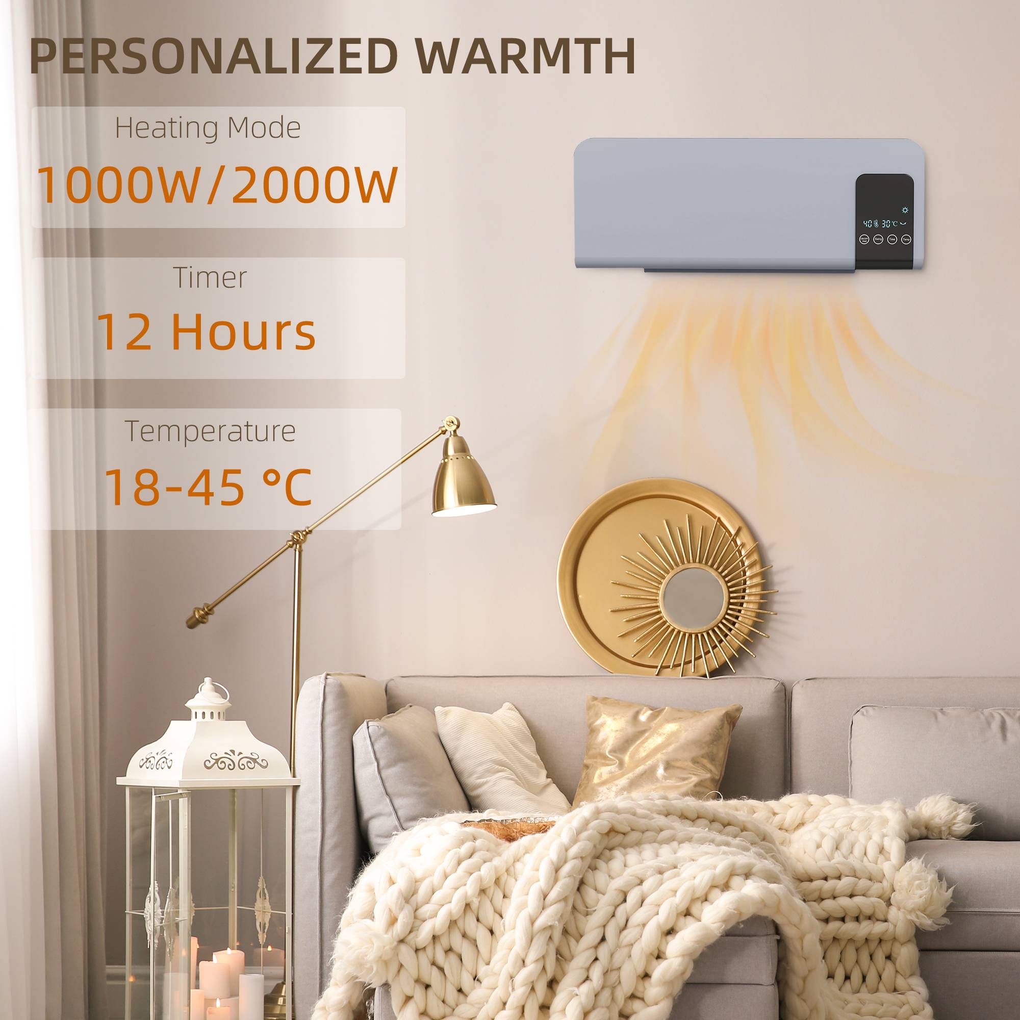 HOMCOM Wall Mounted Ceramic Space Heater with Remote Control - Grey - Image 3