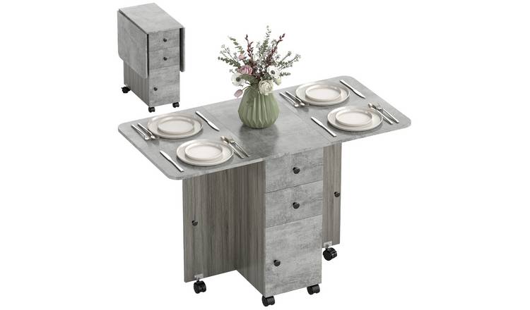 HOMCOM Rolling Drop Leaf Table on Wheels with Drawers - Grey Marble Effect
