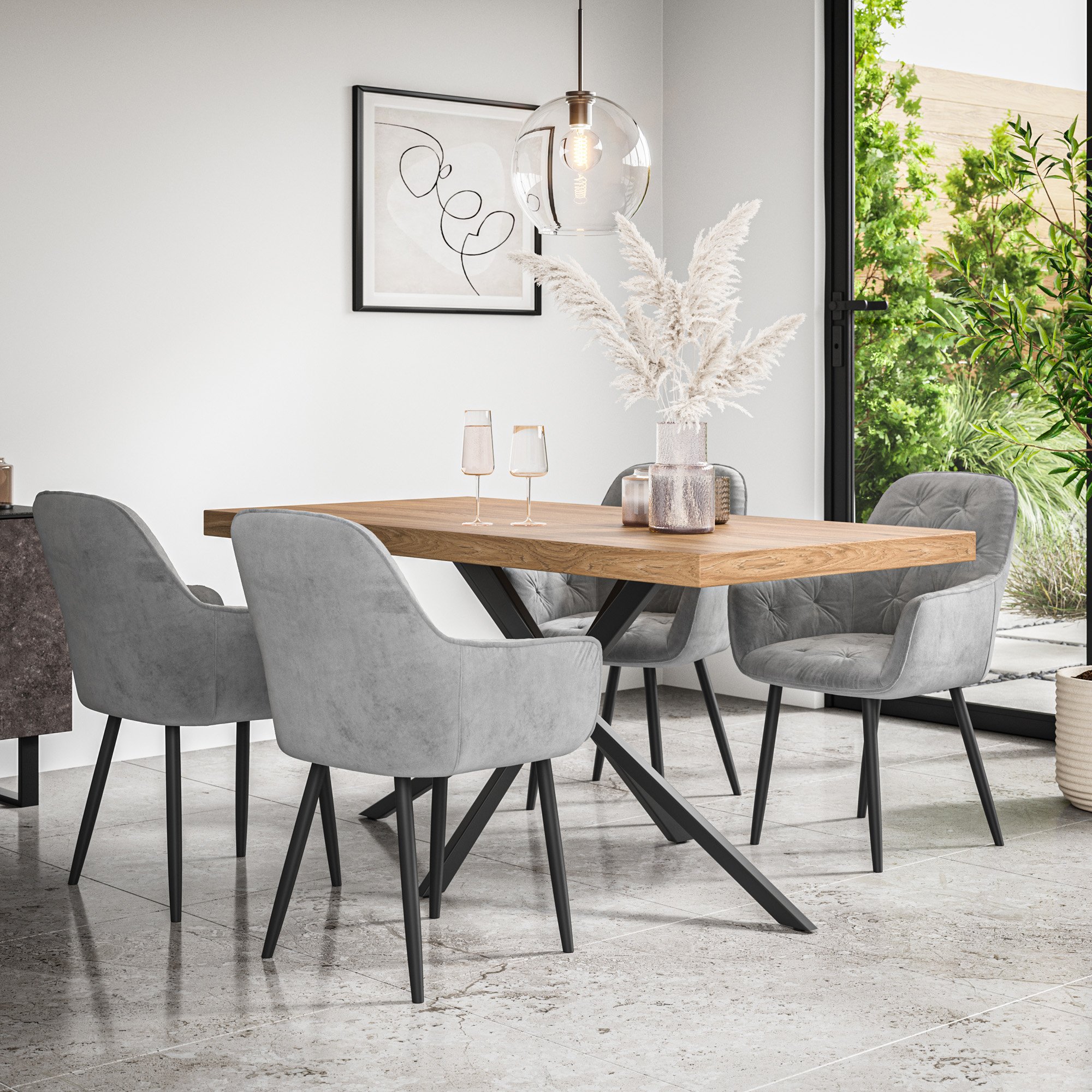 Furniture Online Donni Anika Oak Effect Dining Table & 6 Grey Chairs - Image 1