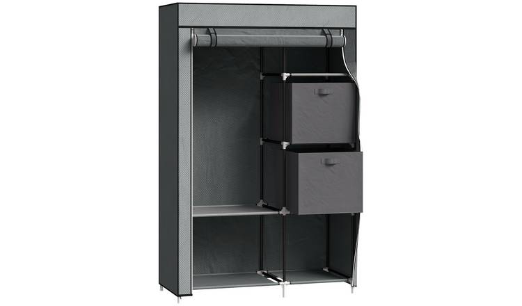 HOMCOM Fabric Wardrobe with 5 Rail and 2 Drawers - Dark Grey