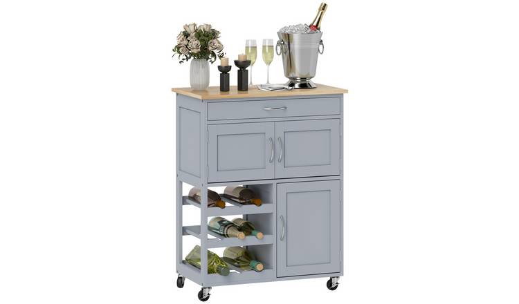 HOMCOM Kitchen Trolley on wheels with 9 Bottle Wine Rack - Grey