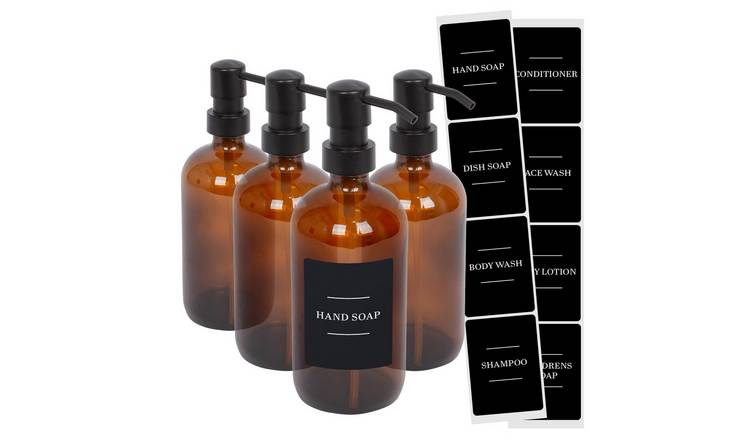 Harbour Housewares Soap Dispensers with Labels  - Amber/Black - Set of 4