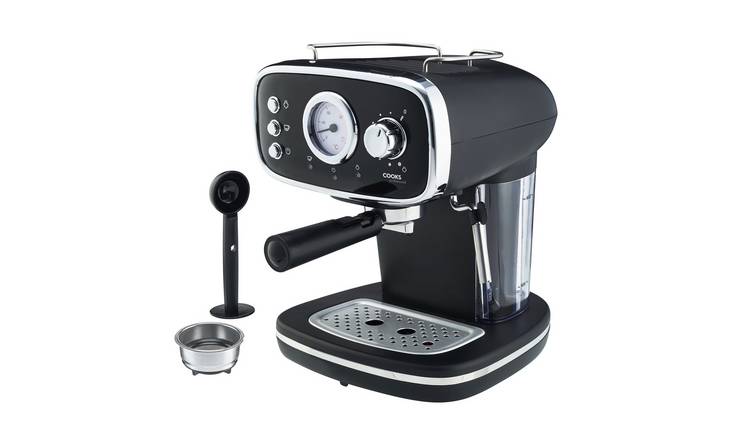 Cooks Professional Retro Espresso Machine 1.2L with Steam Wand - Black/Silver