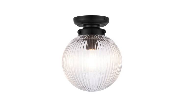 Cosylyte Finley Bathroom Classic Ribbed Glass Ceiling Light - Black Metal Base