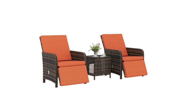 Outsunny 3 Piece Rattan Reclining Garden Bistro Set - Orange