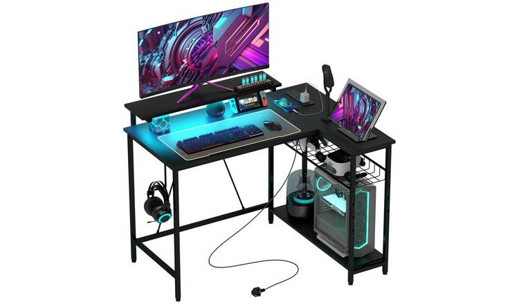 HOMCOM L Shaped Reversible Gaming Desk with Led Lights - Black