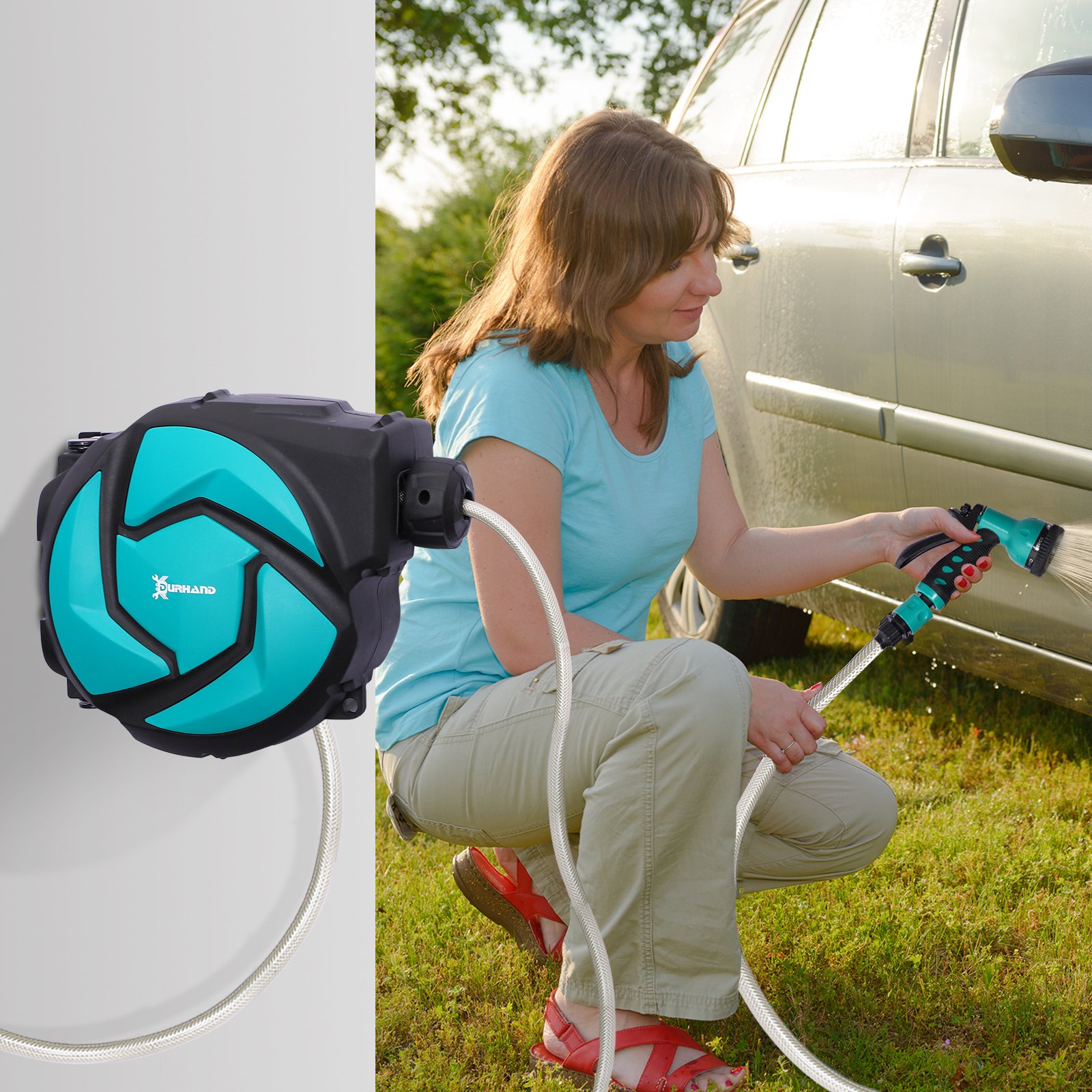 DURHAND Wall Mounted Hose Reel with 7 Patterns Spray Nozzle - Blue - Image 2