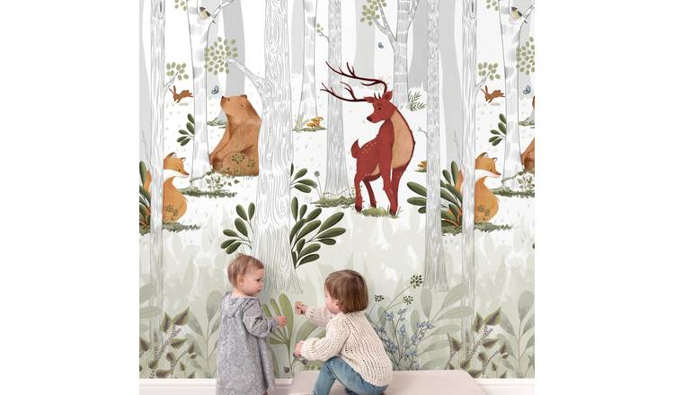 Grandeco Nursery Woodland 3 Lane Repeatable Wallpaper Mural   - White