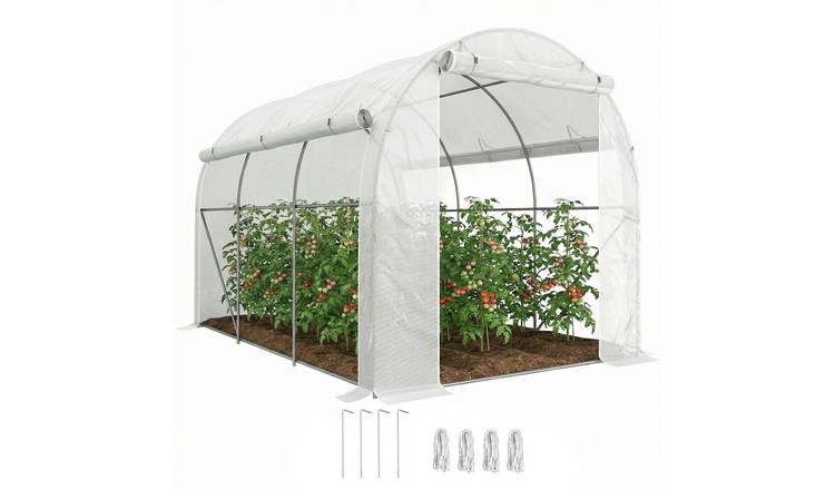 Outsunny Galvanised Steel Polytunnel Greenhouse with Roll Up Door - White