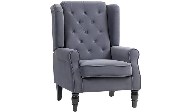 HOMCOM Wooden Button Tufted Velvet Armchair for Living Room - Charcoal Grey