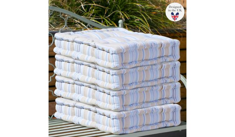 Dibor Set of 4 Striped Box Outdoor Garden Chair Cushion Seat Pads - Blue