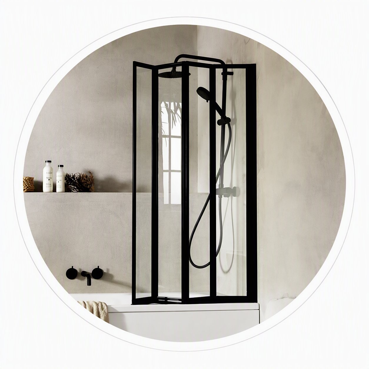 bathroom with round mirror and cabinet for towels and products