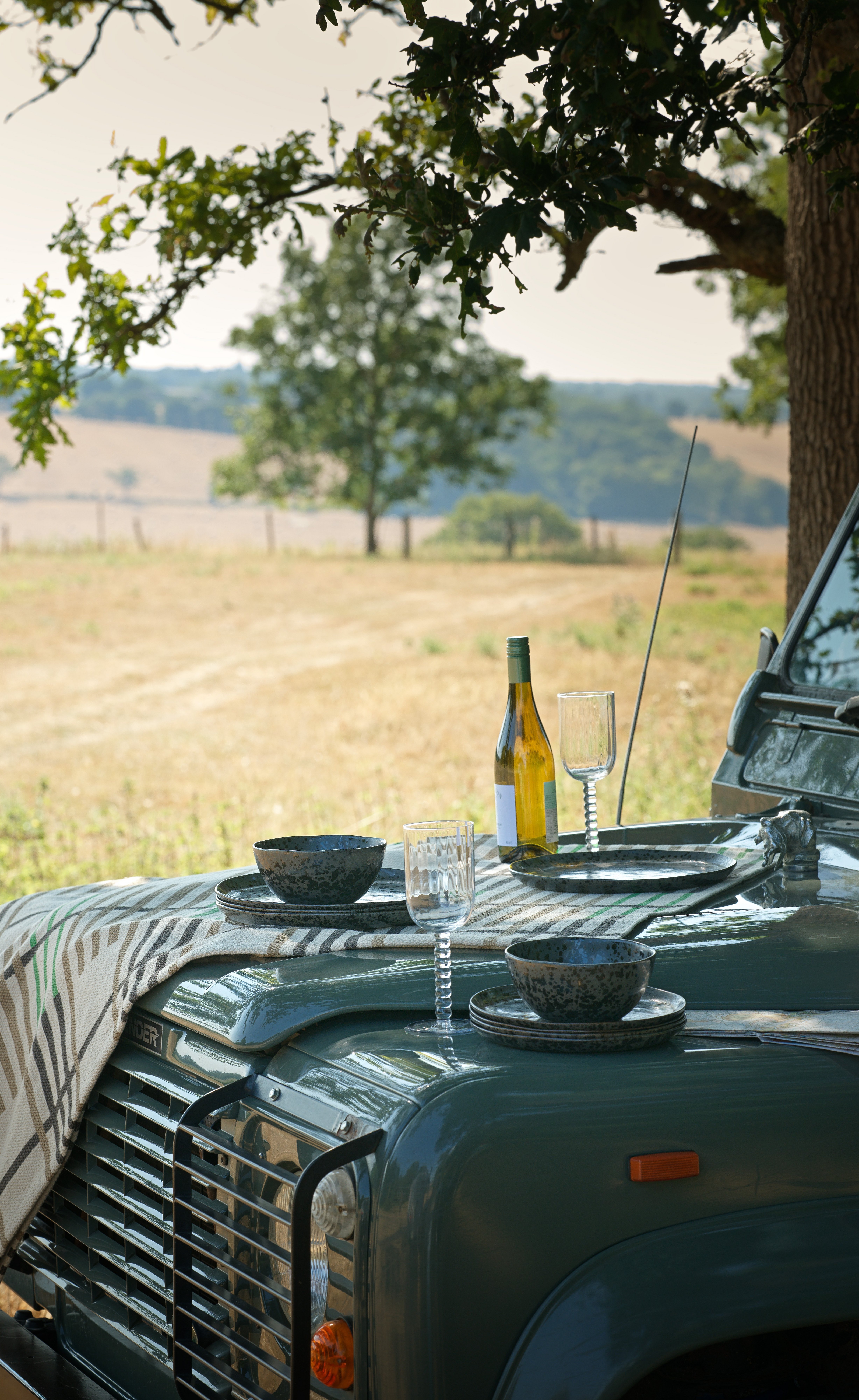 pic nic set up in field with throws covering table and tableware on table