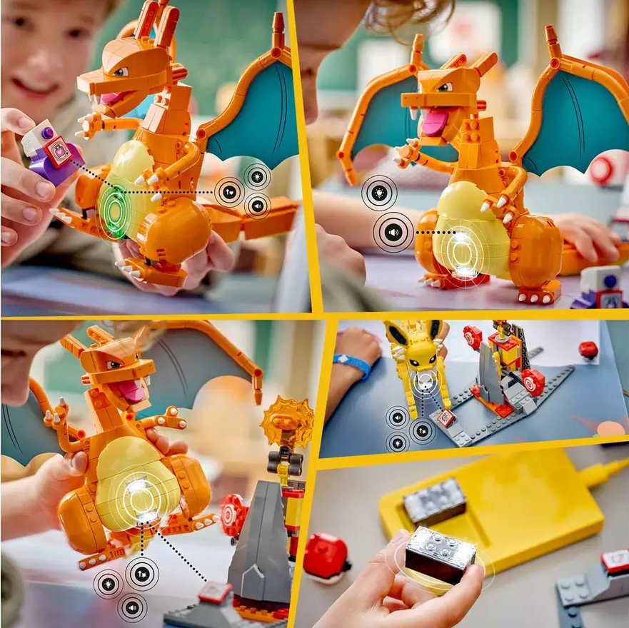 child playing with lego pokemon charizard vs jolteon ultimate battle set