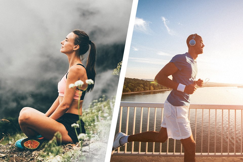 A split image of a woman meditating and a man exercising.