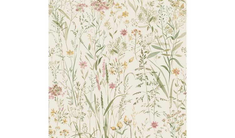 Grandeco Free Flower Sprigs and Grass Wallpaper - Natural