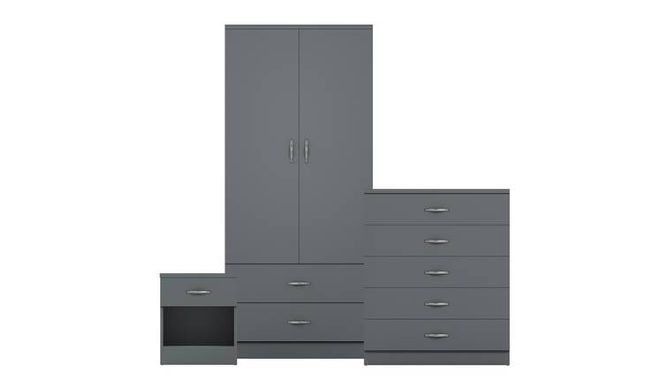 Vida Designs Riano Bedroom Set (Bedside - 5 Drawer Chest - 2x2 Wardrobe) - Grey