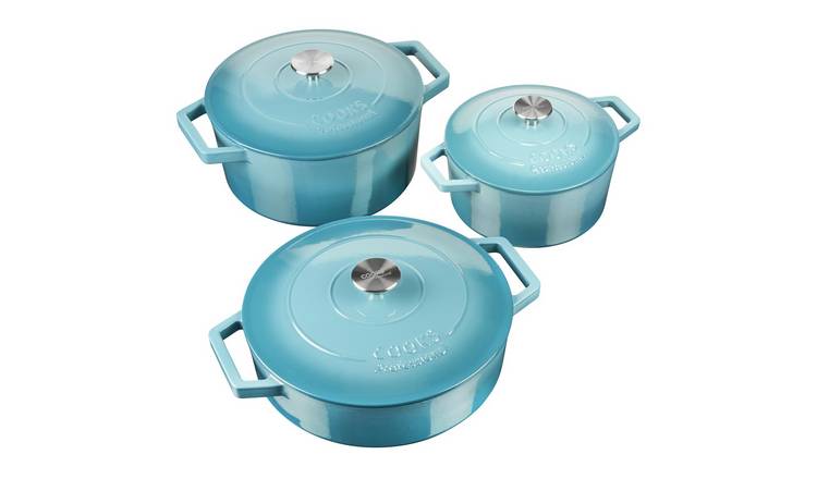 Cooks Professional Set of 3 Cast Iron Casserole Dishes 20, 26 and 28cm - Teal