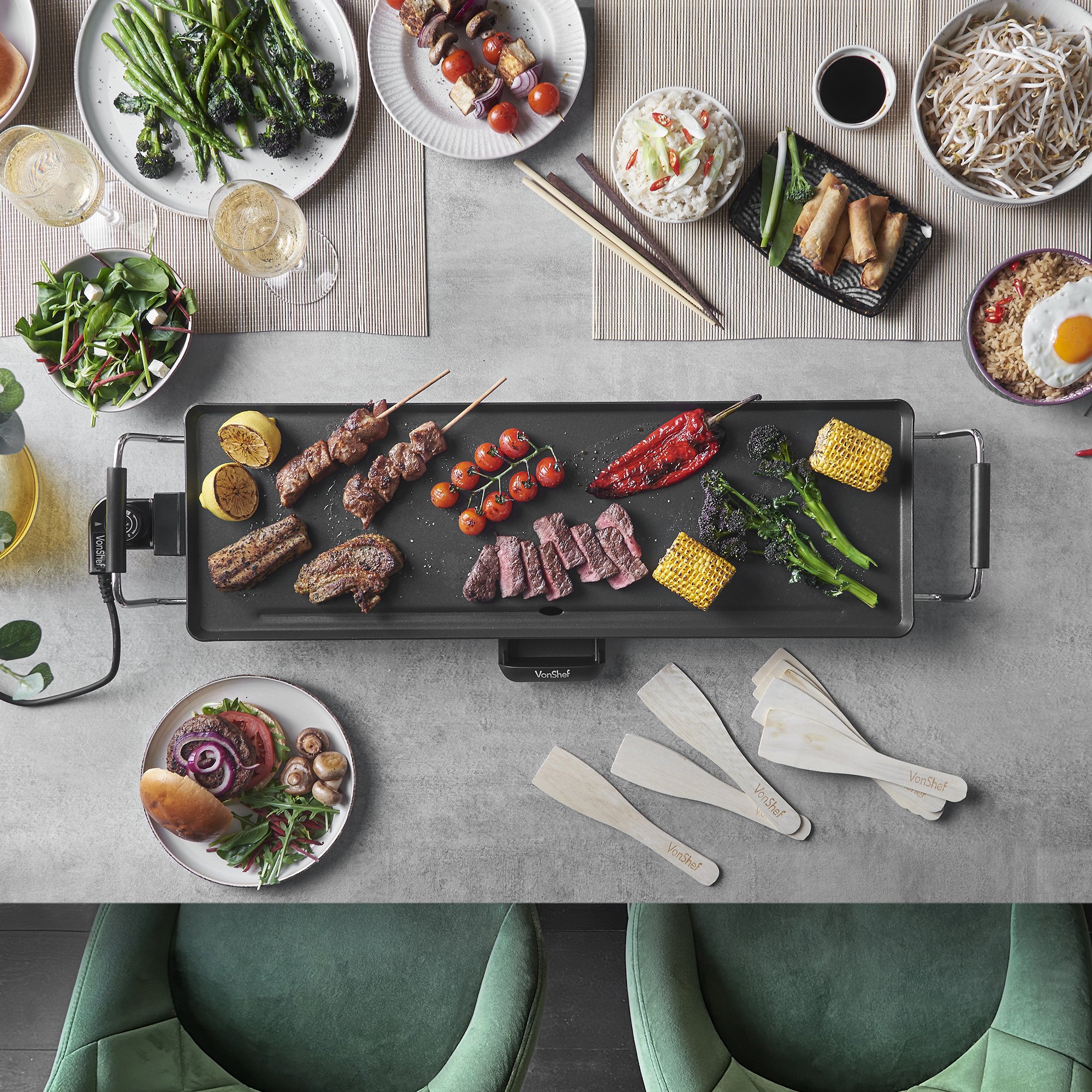 VonShef XL 2000W 70x23cm Non-Stick Teppanyaki Grill - 8 Spatulas - Image 2