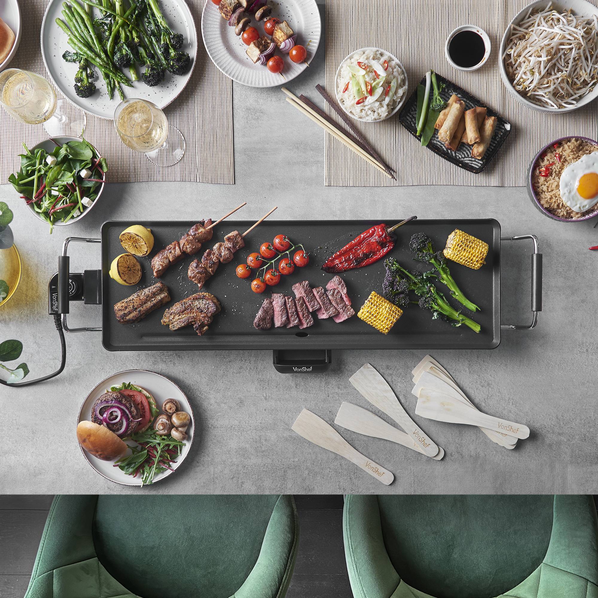 VonShef XL 2000W 70x23cm Non-Stick Teppanyaki Grill - 8 Spatulas - Image 2