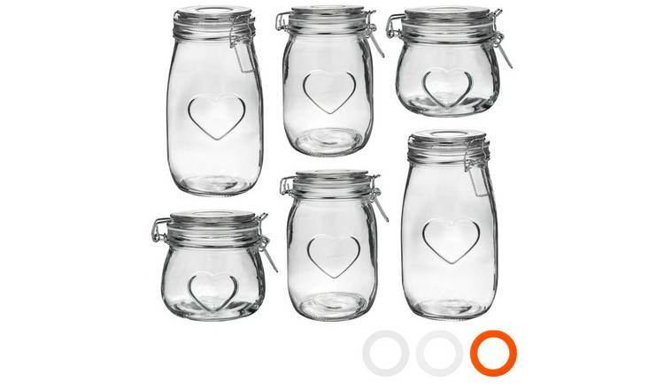 Nicola Spring Heart Glass Storage Jars - 3 Sizes - Pack of 6