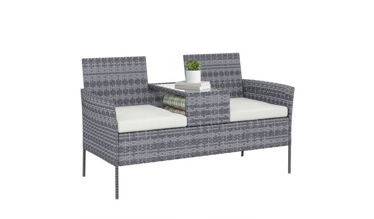 Outsunny Rattan Garden Bench with Glass Tea Table - Mixed Grey and Cream White