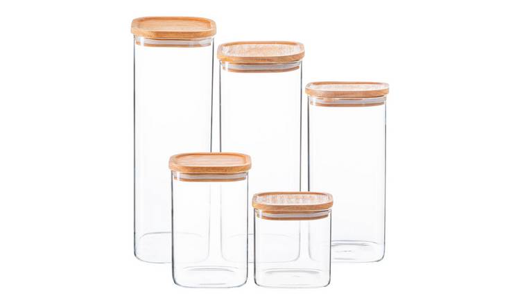 Argon Tableware 5 Piece Square Glass Storage Jars Set with Wooden Lids
