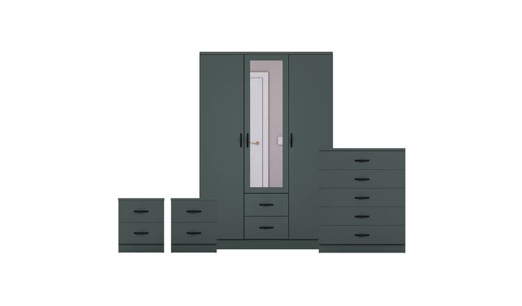 Vida Designs Riano Bedroom Set (Bedsides, 4 Drawer Chest, Mirror Wardrobe)-Green